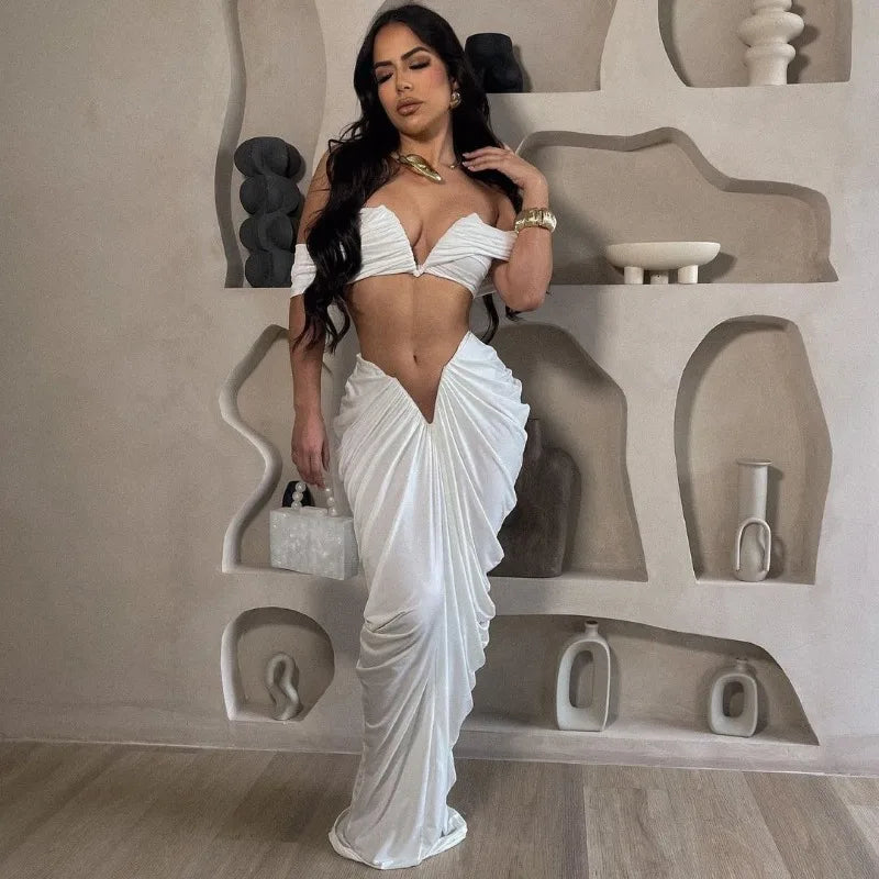 Party Night Ruched Maxi Dress Sets for Women Two Piece Set Sexy Club Outfits Slash Neck Crop Top + Long Skirt Matching Sets
