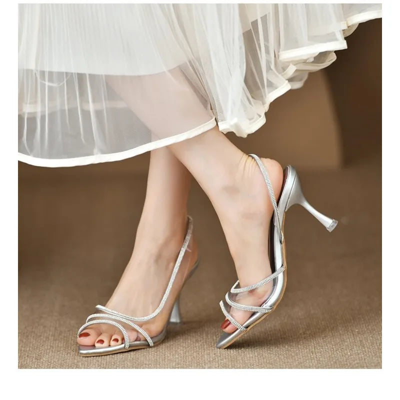 Women's High-Heeled Sandals – Pointed Toe, Thin Heel, Bright Stripe Design | Elegant Formal Dress Shoes