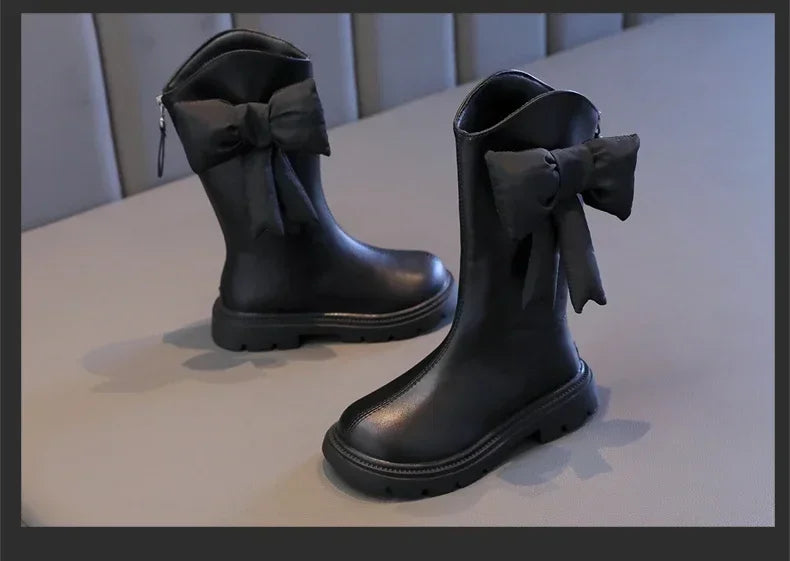 27-37 Girl's Long Boots Black Pu Leather Bowtie Chunky Fashion Children Winter Boot Warm Bowknot Round Toe Knee-high Kids Shoes