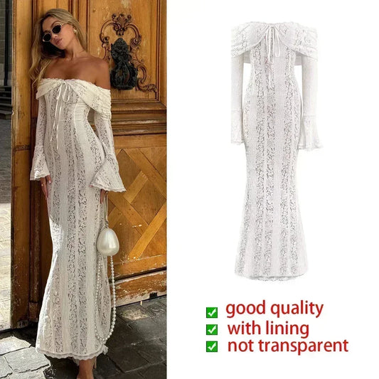 Suninheart Women's White Off-the-Shoulder Bodycon Maxi Dress – 2024 Elegant Lace Dress with Flare Sleeves for Wedding Guests