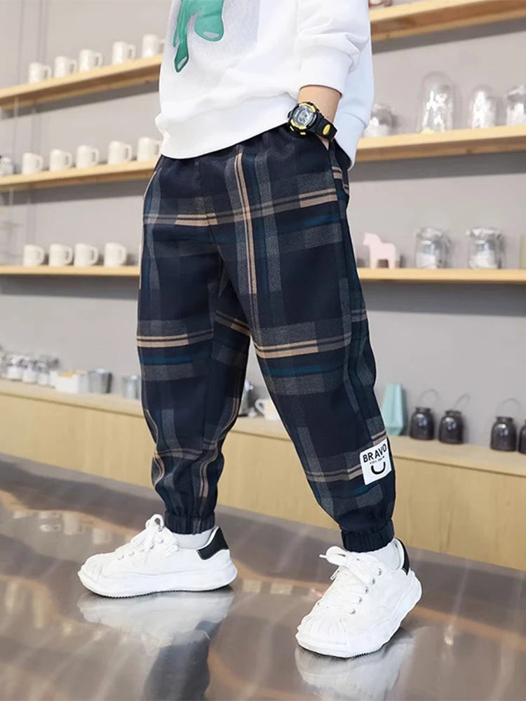 Boys' Cotton Plaid Pants – Casual Loose Fit Trousers for Kids & Teens (Spring/Autumn)