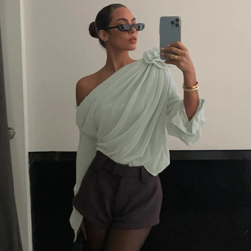 Women Chiffon Blouse Fashion OL One Shoulder Off Long Sleeve Blouse Female T Shirt