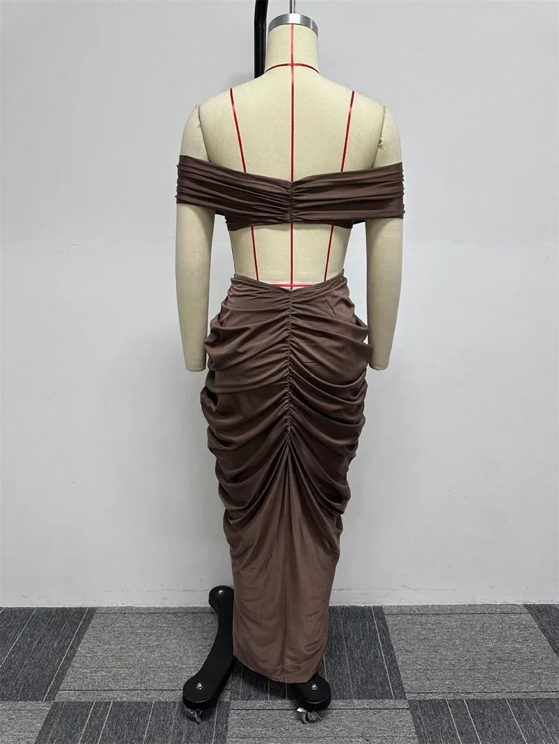 Party Night Ruched Maxi Dress Sets for Women Two Piece Set Sexy Club Outfits Slash Neck Crop Top + Long Skirt Matching Sets