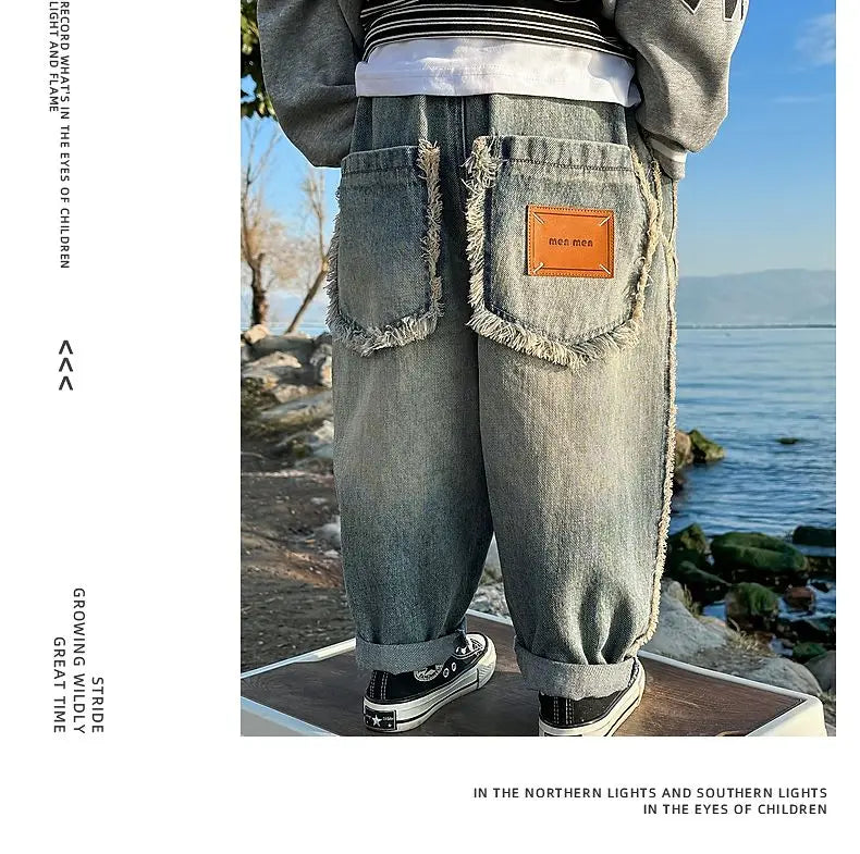 Spring Kids & Teens Streetwear Pants – Boys' Korean-Style Casual Straight-Leg Jeans with Elastic Waist