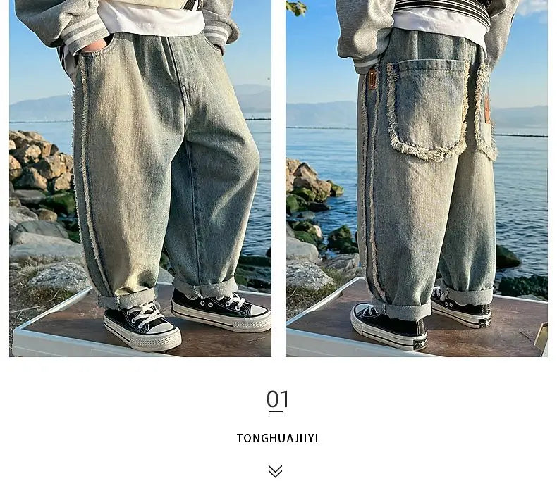 Spring Kids & Teens Streetwear Pants – Boys' Korean-Style Casual Straight-Leg Jeans with Elastic Waist