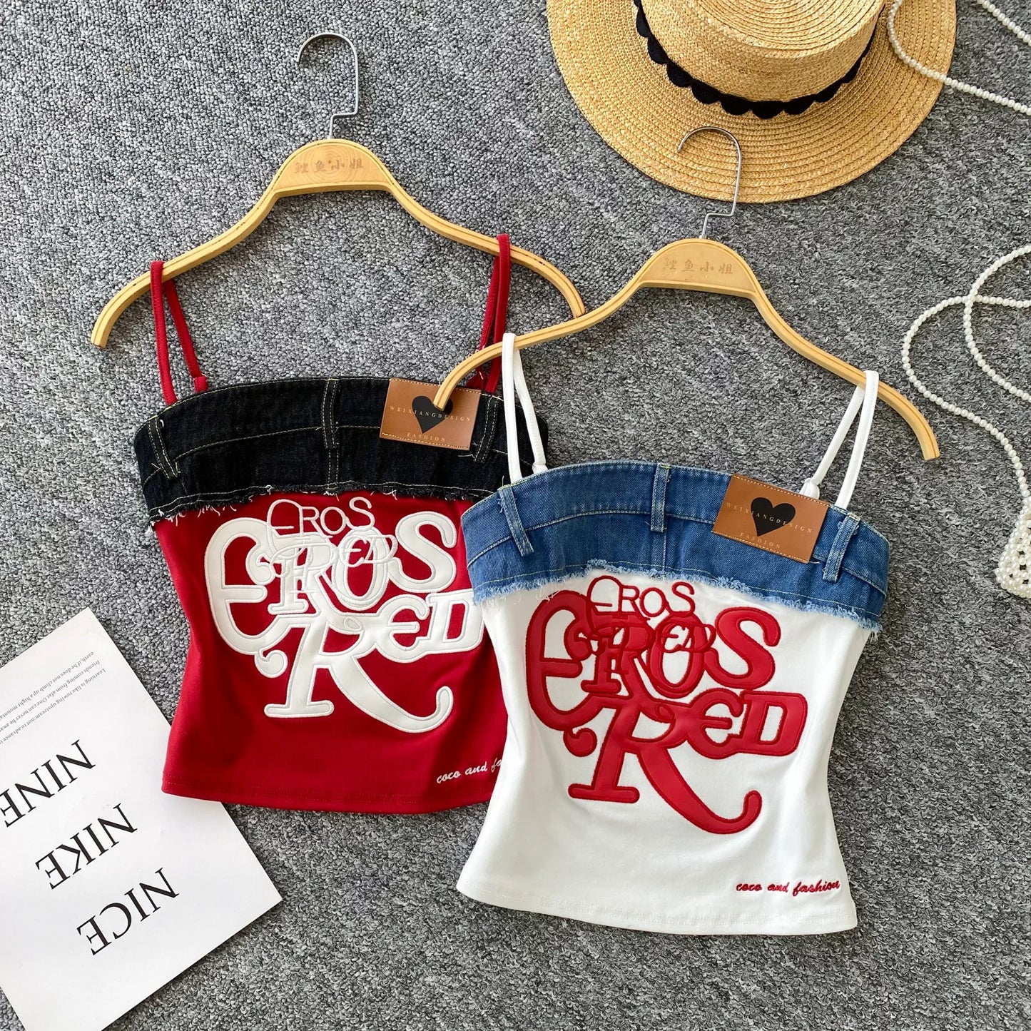Vintage Vibes Y2K Denim Mix Letter-Embroidered Strap Crop Top for Women – Urban Chic Patchwork Slim Fit Street Style