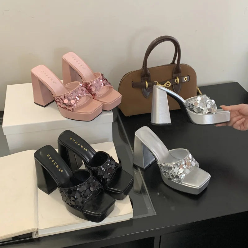 Silver & Pink Chunky Heel Platform Sandals – Square Toe Slip-On High Heels for Women