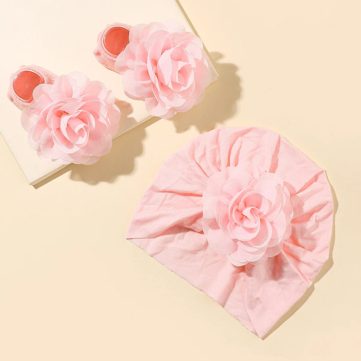Baby Girls Flower Cap Socks Set 2pcs/set Cute Floral Newborn Short Tube Sock+ Turban Hat Summer Thin Infant Caps