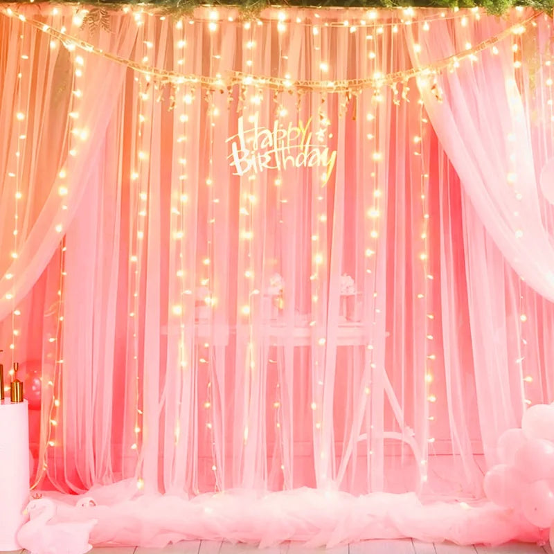 1 Set/2 Pieces Tulle Backdrop Curtains with Lights for Party Wedding Arch Baby Shower Birthday Party Photo Shoot Decorations