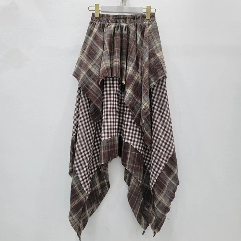 Irregular Plaid Patchwork Pleated A-Line Midi Skirt