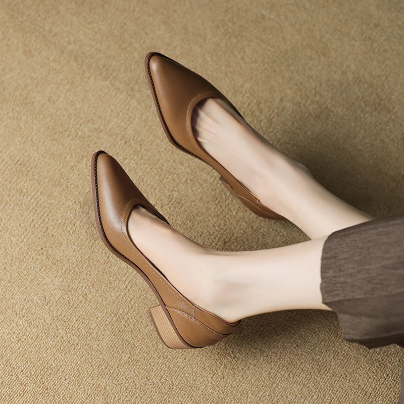 2024 New Women shoes Shallow Genuine Leather Made, Heels, Pointed Toe Summer Shoes