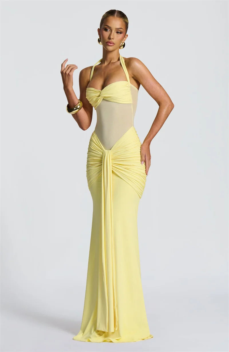 Women's Halter Backless Maxi Dress – Off-Shoulder, Sleeveless, Ruched Bodycon Club & Party Dress with Patchwork Draped Design