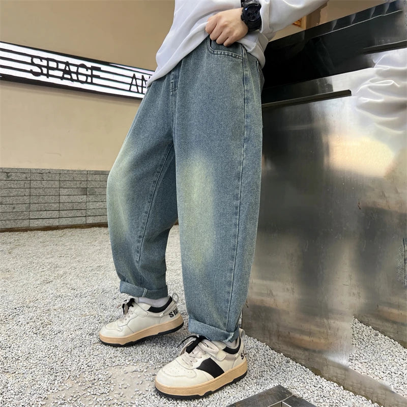 Boys' Straight-Leg Jeans –Street Style, Wide-Leg Fit with Back Pocket Letter Design, Sizes for Medium and Big Kids