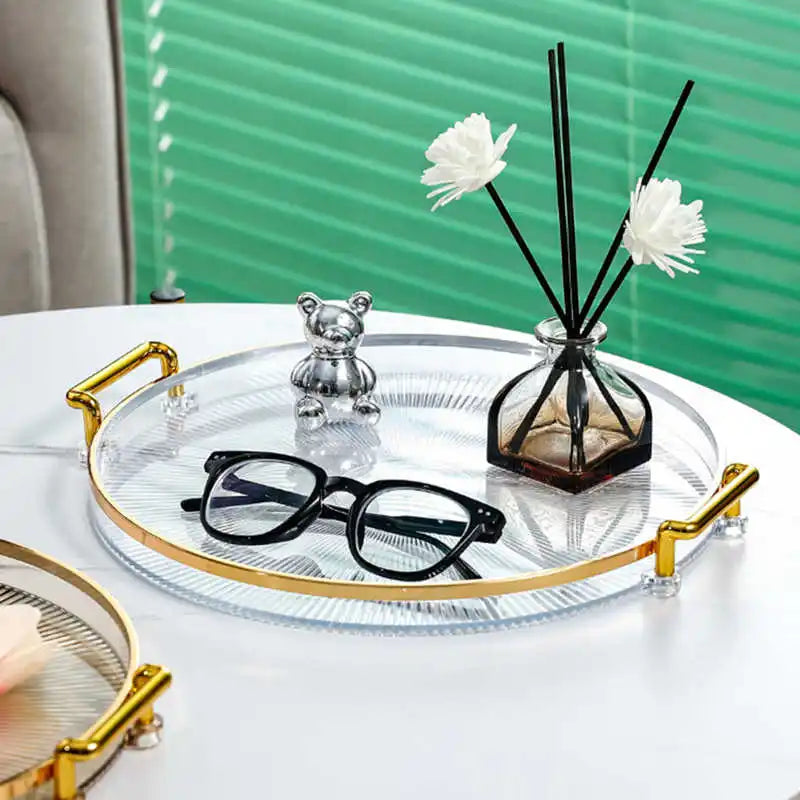 Tea Dessert Fruit Storage Tray Living Room Kitchen Dinner Plate with Golden Handle Household
