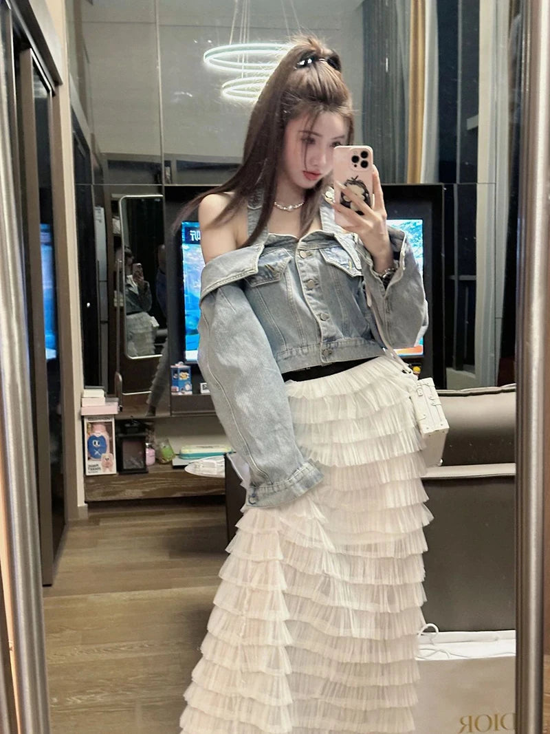 Y2K Cropped Denim Jacket for Women – Vintage Slash Neck Halter Jean Coat with Long Sleeves, Casual Streetwear Outerwear