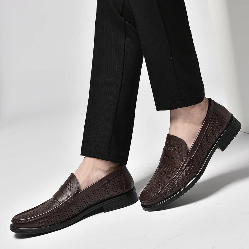 Italian Luxury Penny Men Shoes Male Business Loafers Moccasin Genuine Casual Flats Slip-On Walking Hollow Out Shoes
