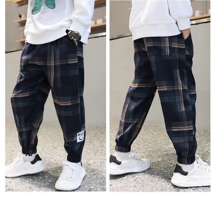 Boys' Cotton Plaid Pants – Casual Loose Fit Trousers for Kids & Teens (Spring/Autumn)