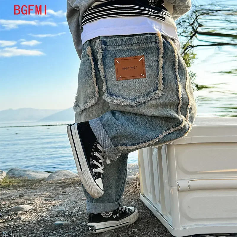 Spring Kids & Teens Streetwear Pants – Boys' Korean-Style Casual Straight-Leg Jeans with Elastic Waist