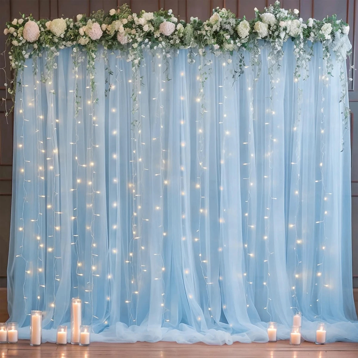1 Set/2 Pieces Tulle Backdrop Curtains with Lights for Party Wedding Arch Baby Shower Birthday Party Photo Shoot Decorations