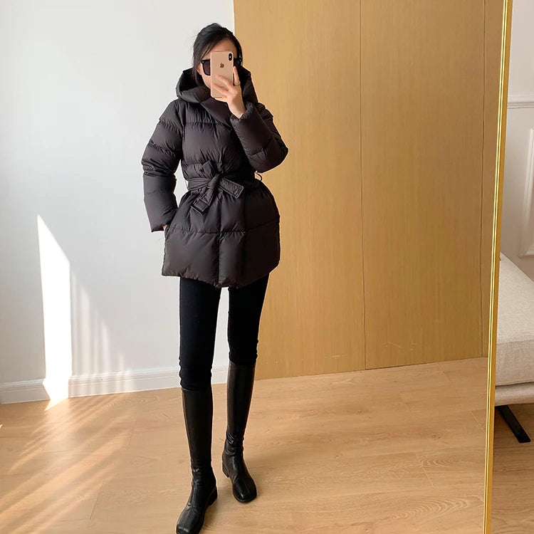 Women's Winter Jackets Ultra Light Warm Puffer Jacket With Belt Plus Size Hooded Female Jacket
