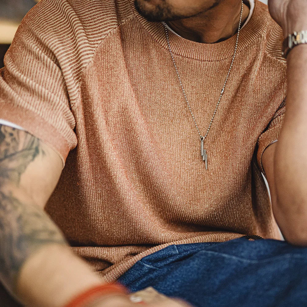Maden New Vintage Orange Knitted Short Sleeve T-Shirt for Men – Summer Loose Fit Ribbed Crew Neck Tee, Breathable Casual Streetwear