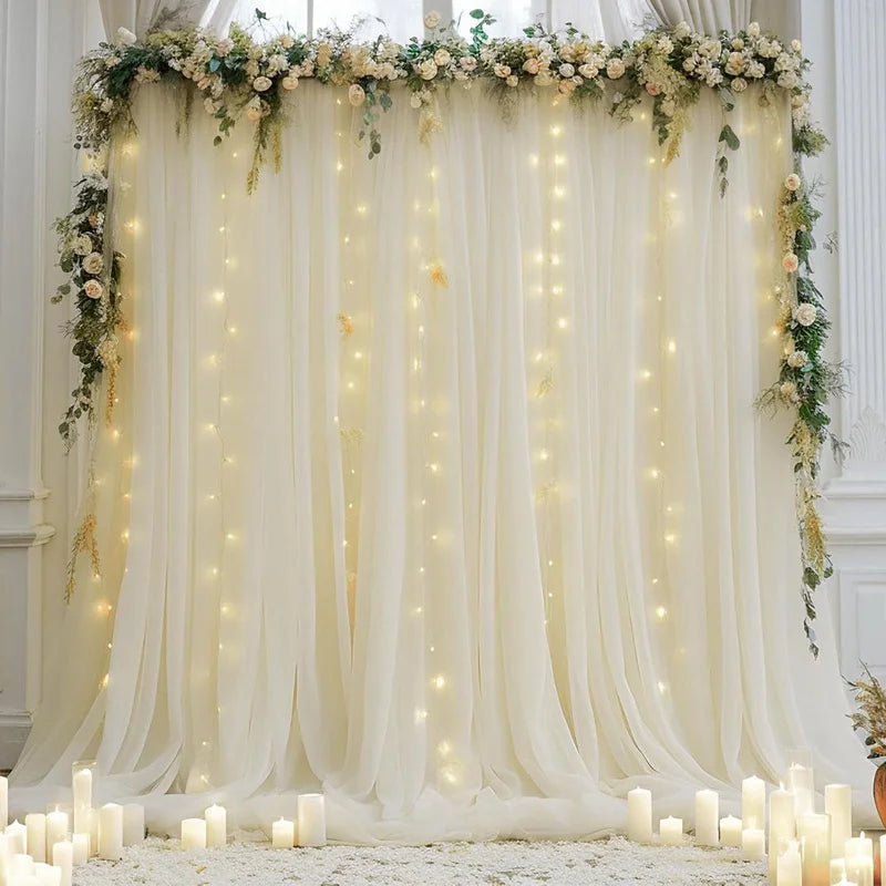 1 Set/2 Pieces Tulle Backdrop Curtains with Lights for Party Wedding Arch Baby Shower Birthday Party Photo Shoot Decorations