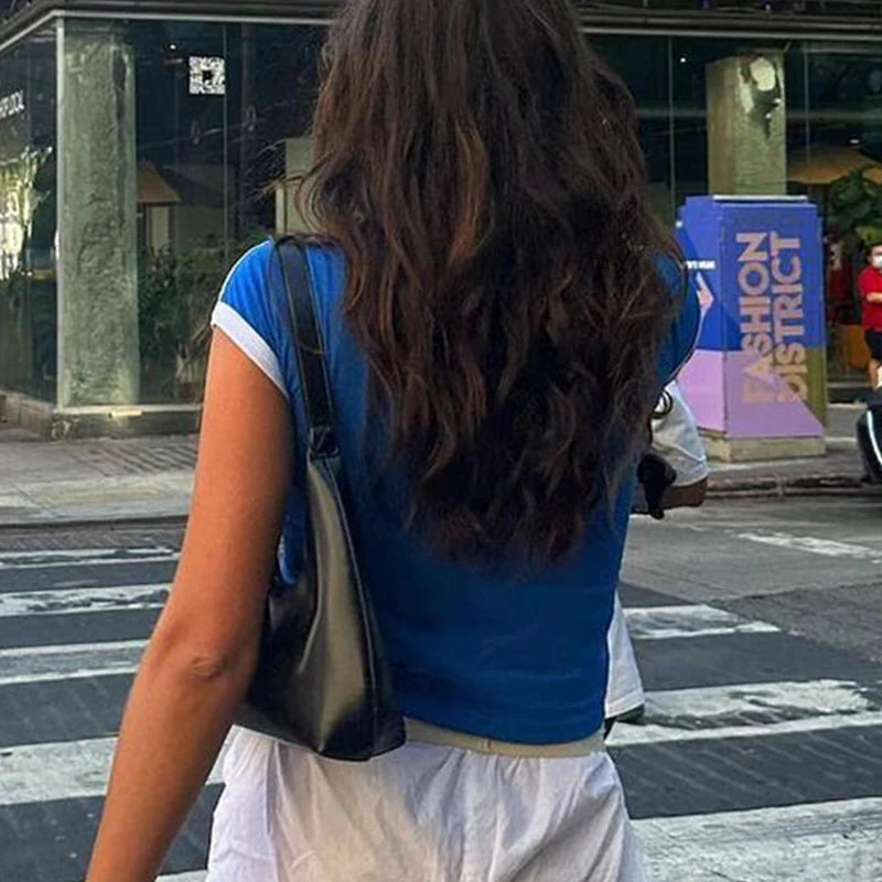 Y2k Girl Crop Top Grunge Brasil Print Blue Short Sleeve T-shirts Summer Baby Tee Vintage Women Streetwear