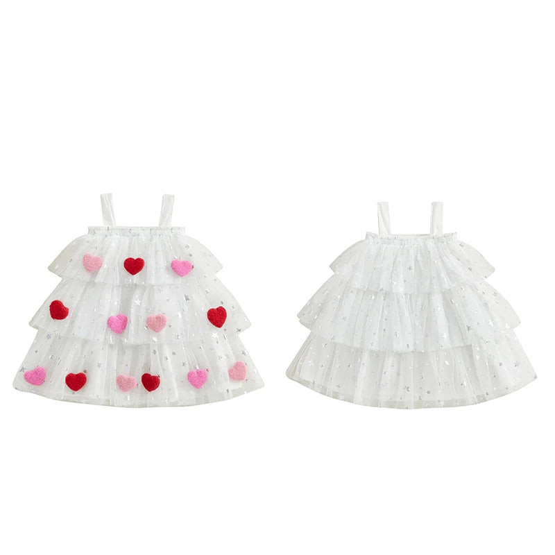 1-9 Years Girls Fashion Valentine Day Dress Kids Star Print Square Neck Sleeveless Children’s Layered Tulle with 3D Heart Clothes