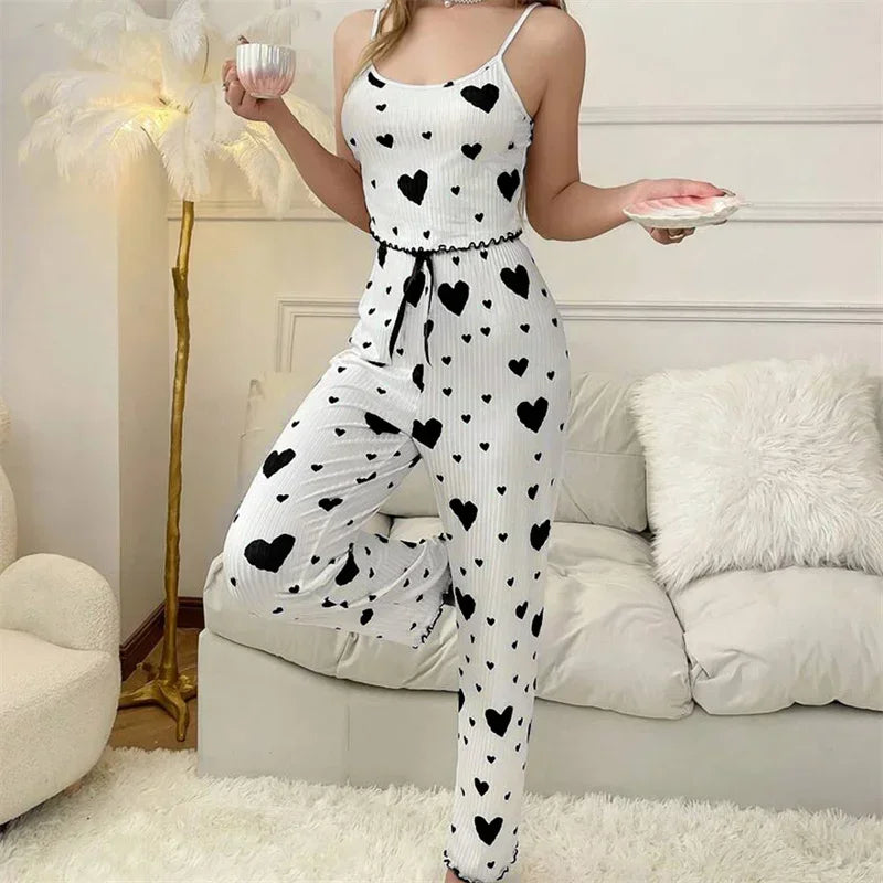 Women's Autumn Winter Sleepwear Pajama Set – Heart Print Sleeveless Cami Top with Long Pants, Comfortable Loungewear Pyjamas