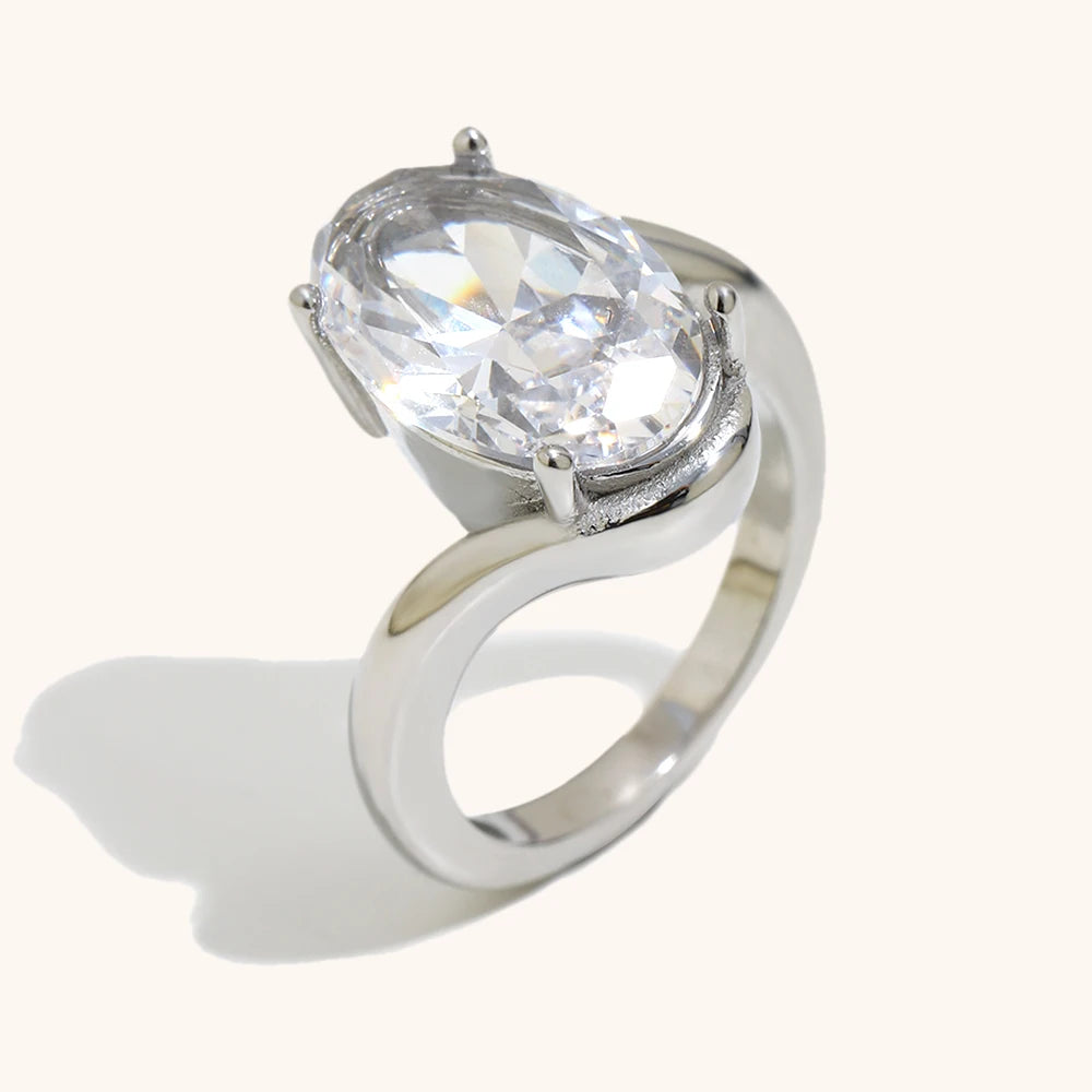 Elliptical Zircon Asymmetric Stainless Steel Women’s Ring – Gold Plated Fashion Jewelry