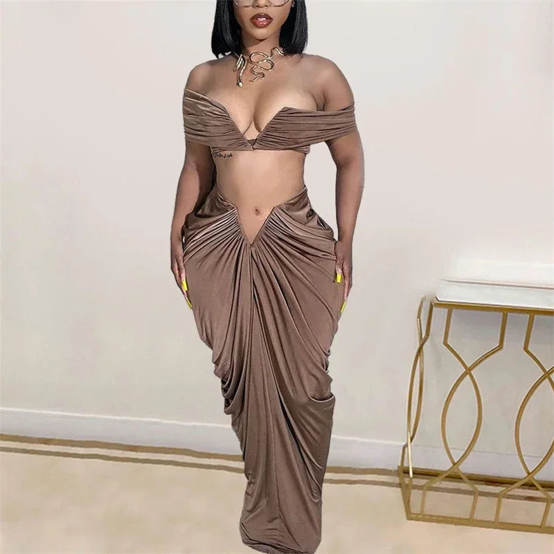 Party Night Ruched Maxi Dress Sets for Women Two Piece Set Sexy Club Outfits Slash Neck Crop Top + Long Skirt Matching Sets