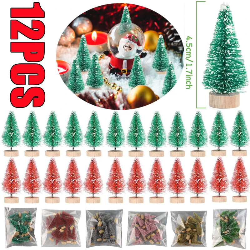 12-Piece Mini Bottle Brush Christmas Tree Set, 4.5 cm Sisal Trees with Wooden Bases for Holiday Villages, Tabletop Displays and DIY Crafts