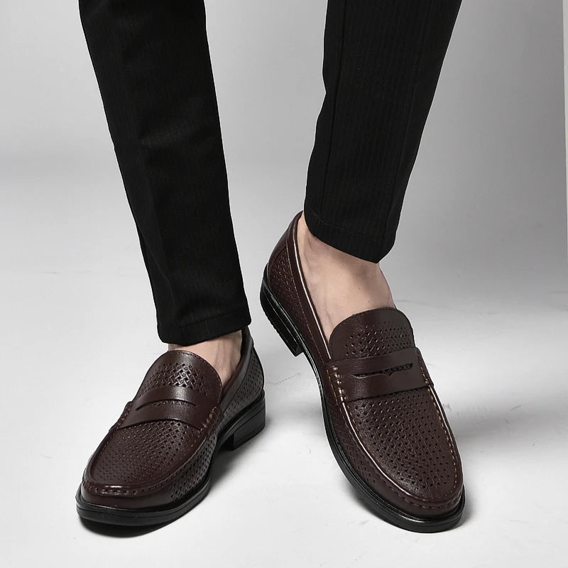 Italian Luxury Penny Men Shoes Male Business Loafers Moccasin Genuine Casual Flats Slip-On Walking Hollow Out Shoes