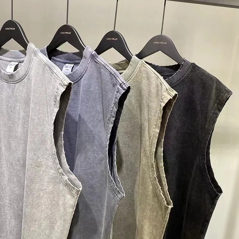WASH vintage batik grinding edge Manly Vest Europe and the United States trend loose base T- shirts