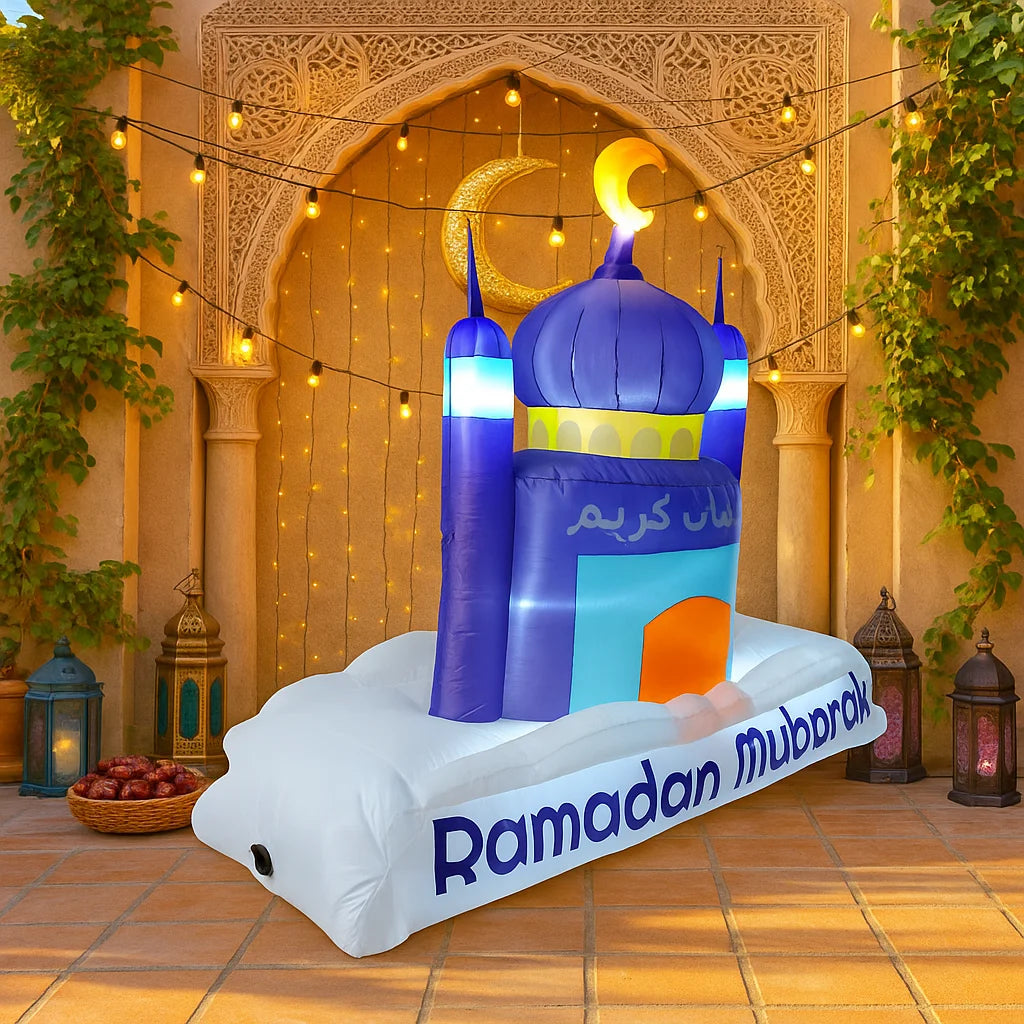 Islamic Ramadan & Eid Inflatable Mosque Decoration with LED Lights, 7FT Outdoor Yard Ornament
