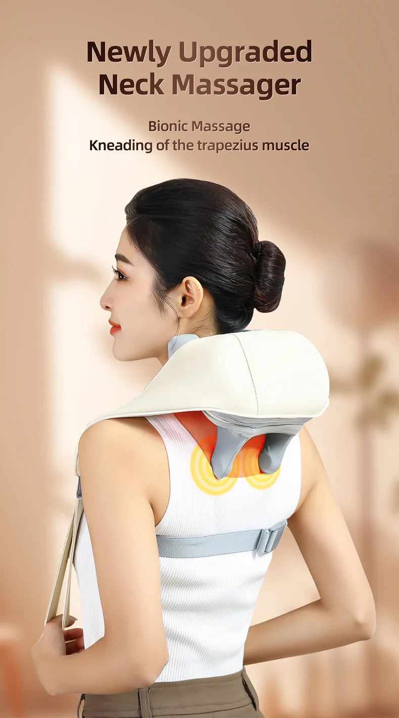20W Wireless Neck & Shoulder Massager – Beige Kneading Massage Shawl for Back, Cervical & Trapezius
