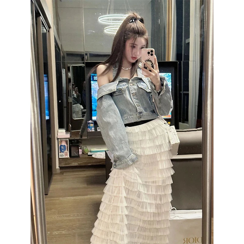Y2K Cropped Denim Jacket for Women – Vintage Slash Neck Halter Jean Coat with Long Sleeves, Casual Streetwear Outerwear