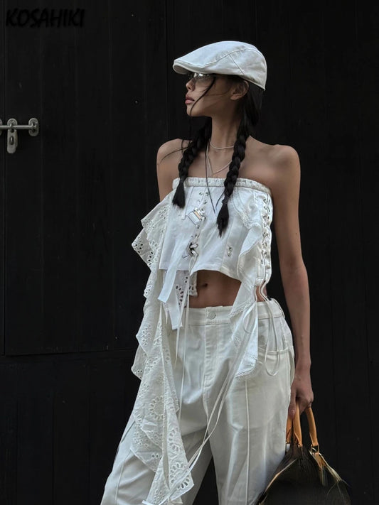 Y2K Gyaru Crop Tank Top for Women – White Strapless Asymmetrical Lace Camisole | Coquette Grunge Aesthetic Streetwear