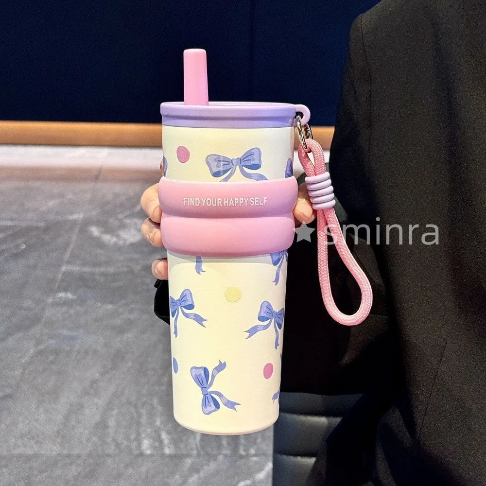 Cute Cat Bow Insulated Water Bottle with Straw – 710ml Stainless Steel Thermal Tumbler with Ceramic Lining, Travel Mug for Tea, Coffee & Cold Drinks