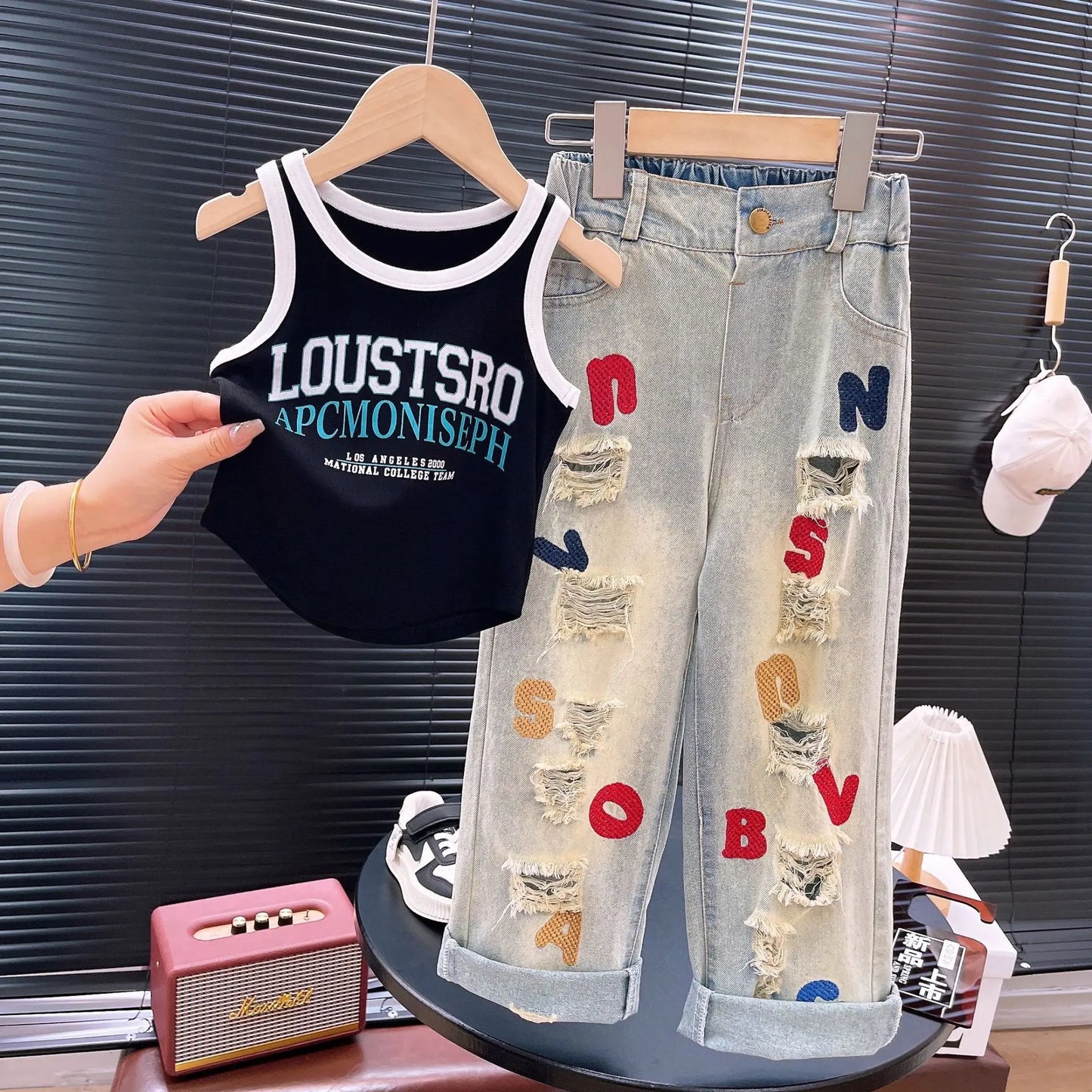 Spring Summer Girls Clothing Set – Big Girl Fashion T-Shirt Vest Top + Letter Embroidered Jeans – Street Dance Performance Costume