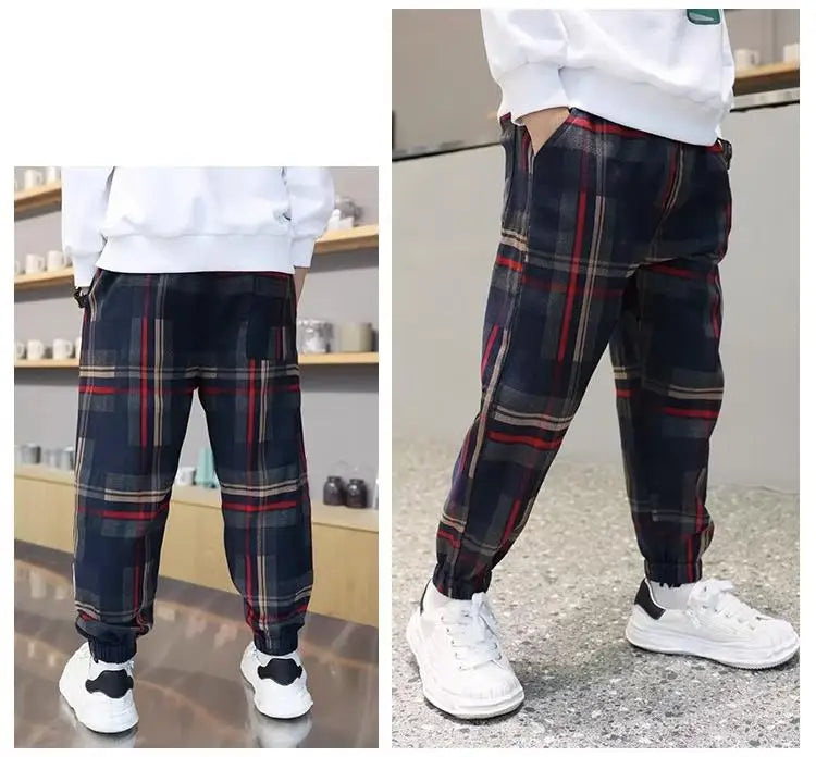 Boys' Cotton Plaid Pants – Casual Loose Fit Trousers for Kids & Teens (Spring/Autumn)