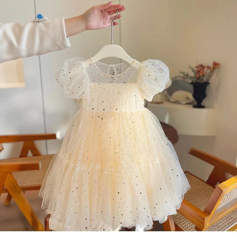 Elegant Girls Summer Dresses Baby Bubble Sleeve Mesh Sequin Dress Temperament Princess Party Short Sleeve clothes