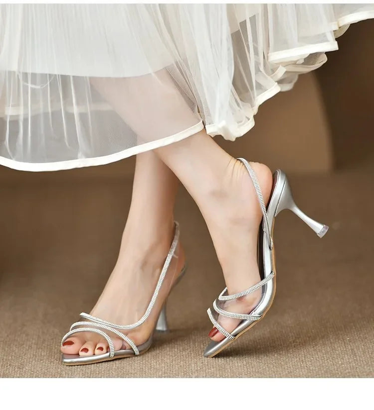 Women's High-Heeled Sandals – Pointed Toe, Thin Heel, Bright Stripe Design | Elegant Formal Dress Shoes