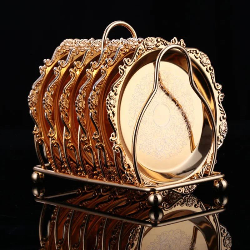 Vintage Golden Cocktail Coaster Metal Exquisite Cake Tray Set Silver Plated Mat Placemat Snack  Dishes Rack Set