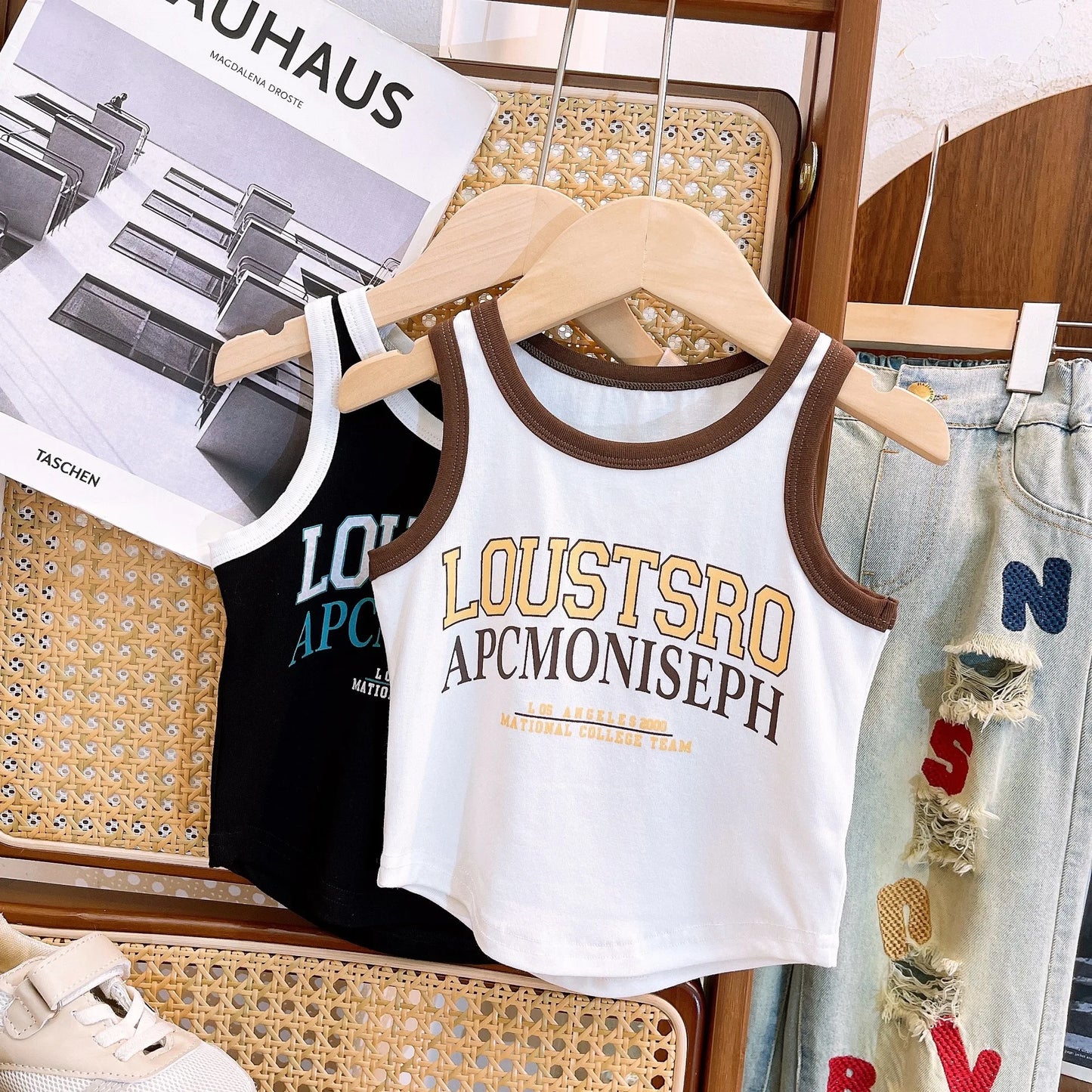 Spring Summer Girls Clothing Set – Big Girl Fashion T-Shirt Vest Top + Letter Embroidered Jeans – Street Dance Performance Costume