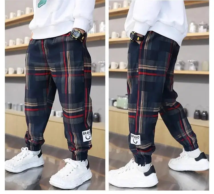 Boys' Cotton Plaid Pants – Casual Loose Fit Trousers for Kids & Teens (Spring/Autumn)