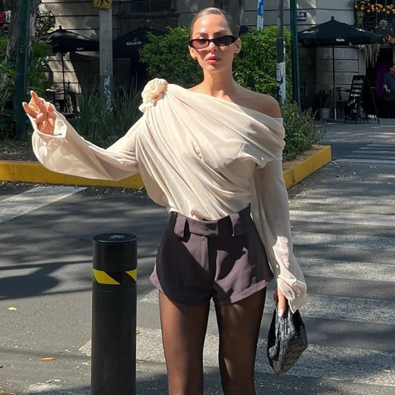 Women Chiffon Blouse Fashion OL One Shoulder Off Long Sleeve Blouse Female T Shirt