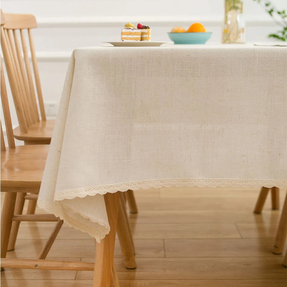 Linen blend Tablecloth,Splice Technology,Jute Rope Lace Dust-Proof Table Cover,for Kitchen Dinning Party Tea Table Decoration