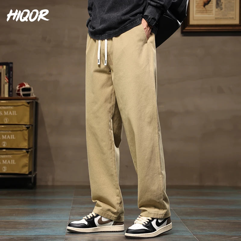 HIQOR Men's Casual Jogger Pants – Loose Straight-Leg Cotton Vintage Cargo Trousers, Solid Color Streetwear