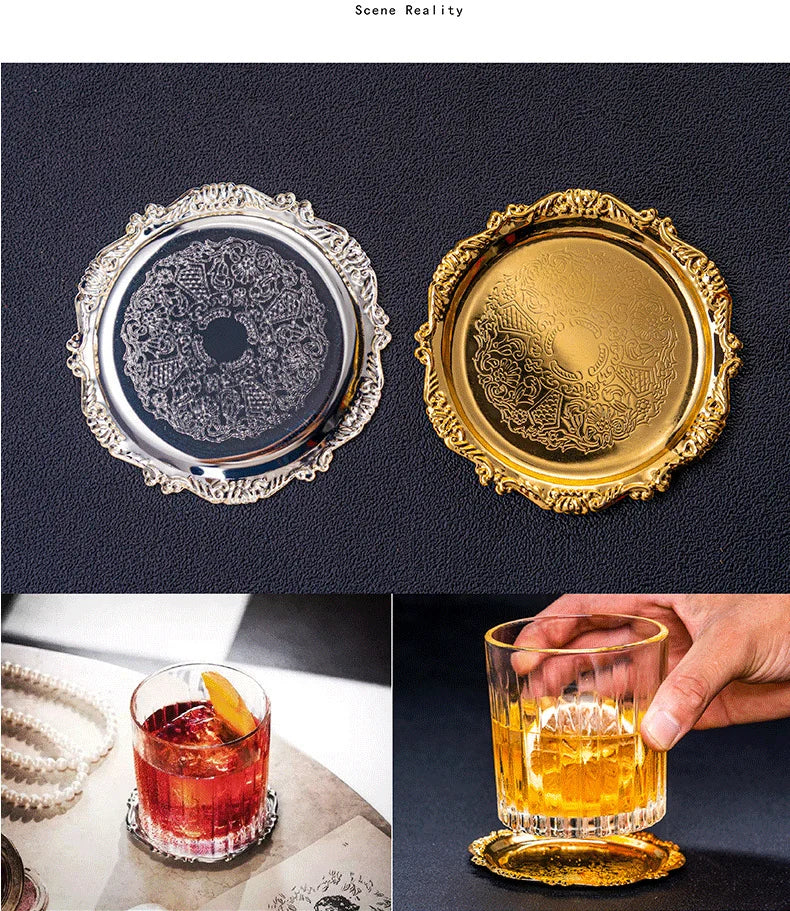 Vintage Golden Cocktail Coaster Metal Exquisite Cake Tray Set Silver Plated Mat Placemat Snack  Dishes Rack Set